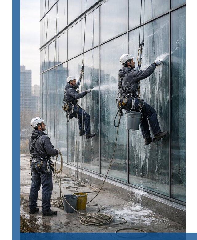 Промышленная мойка панорамных окон на высоте в Пскове