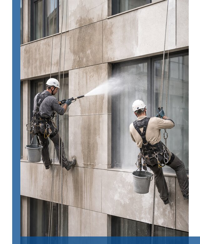 Послестроительная мойка фасада промышленным альпинизмом в Пскове