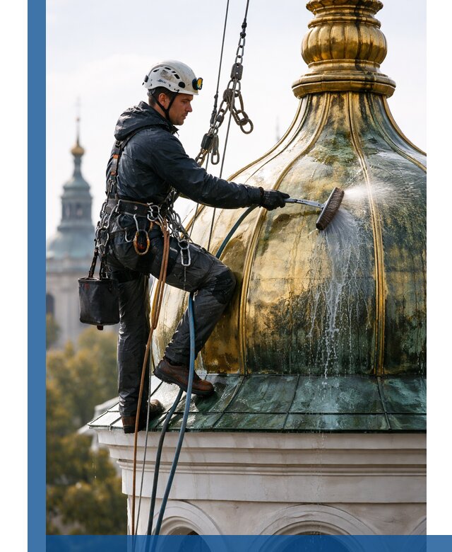 Профессиональная мойка куполов и шпилей высотными альпинистами в Пскове