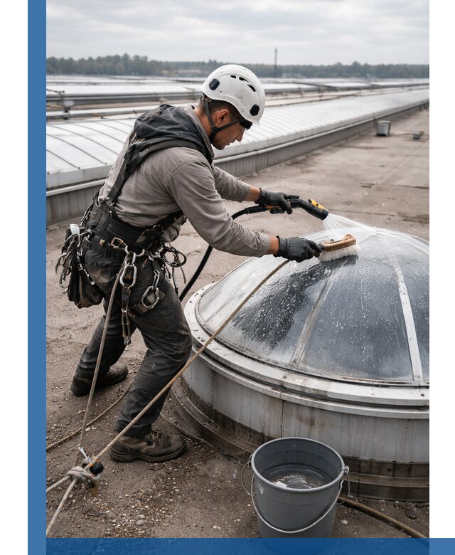 Мойка зенитных фонарей на кровле для промышленных объектов в Пскове