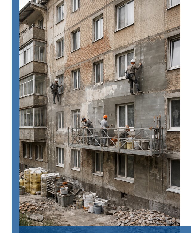 Капитальный ремонт фасада в Пскове с восстановлением и гидроизоляцией