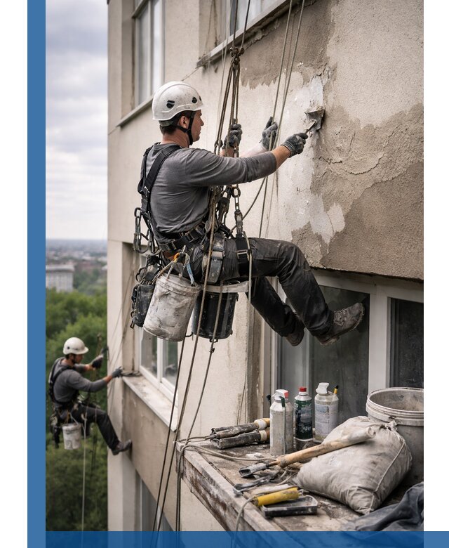 Косметический ремонт фасада зданий в Пскове промышленными альпинистами