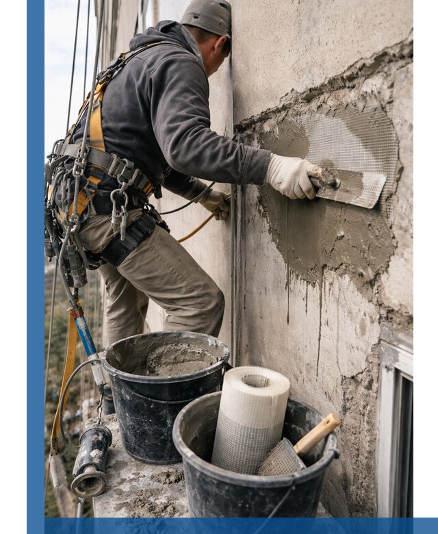 Ремонт бетонных элементов фасада промышленными альпинистами в Пскове