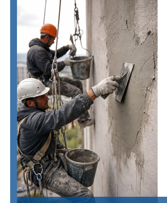 Штукатурка фасада на высоте в Пскове профессиональные работы