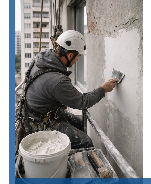 Шпаклевка фасадов на высоте с промальпинистами в Пскове