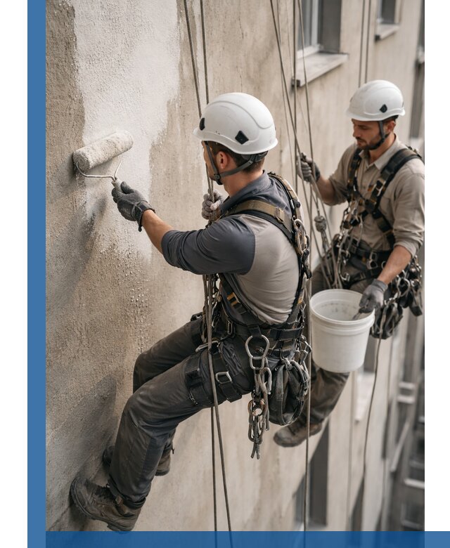 Грунтовка фасада на высоте в Пскове промышленными альпинистами