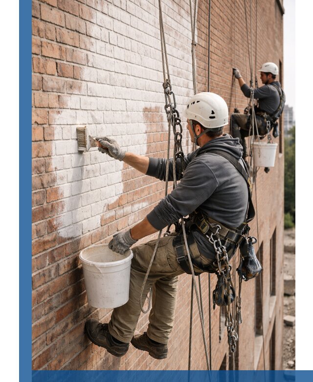 Покраска кирпичного фасада с доступным альпинистским сервисом в Пскове