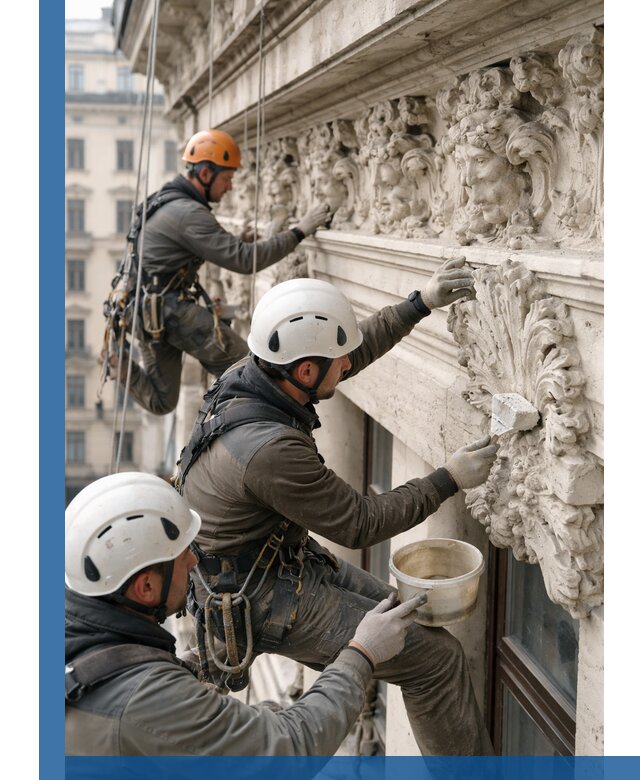 Реставрация фасадной лепнины с высотными работами в Пскове