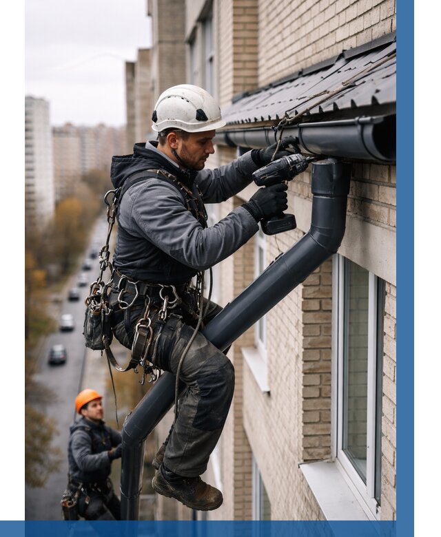 Монтаж водосточной системы на здании в Пскове от 5075 р. | ВЫСОТНИК-Пск