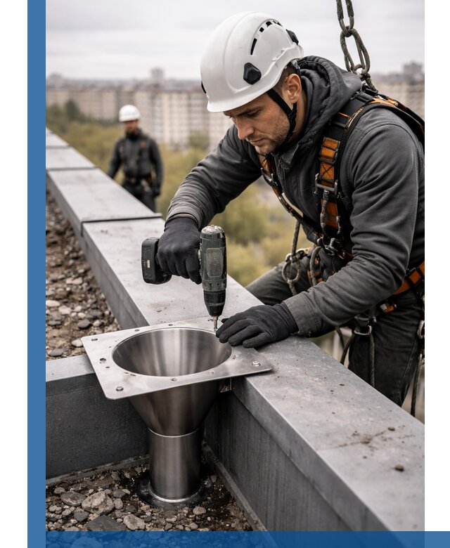 Монтаж водосточных воронок в Пскове для промышленных зданий