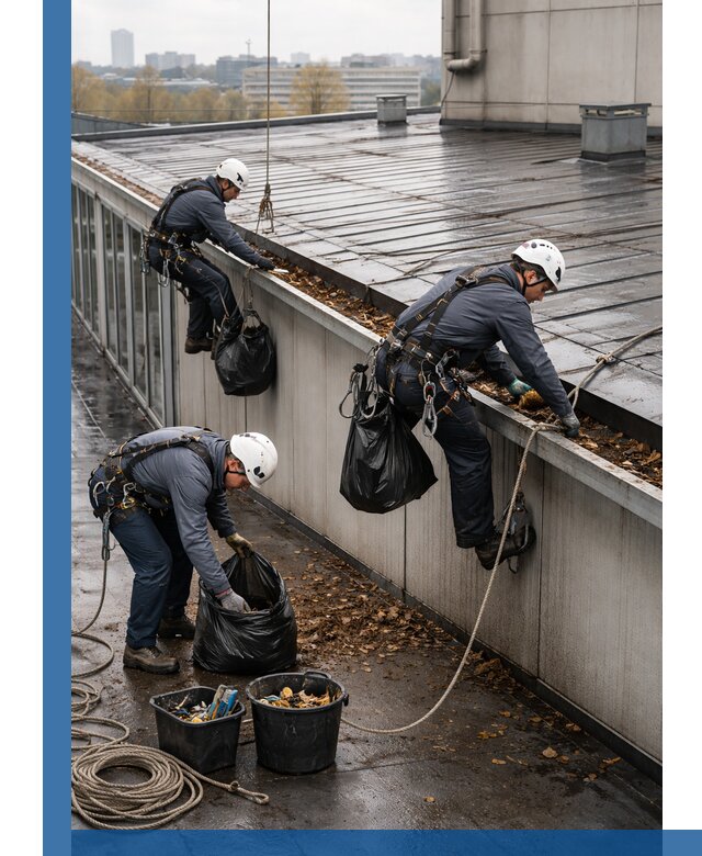 Очистка кровли по периметру в Пскове силами промышленных альпинистов