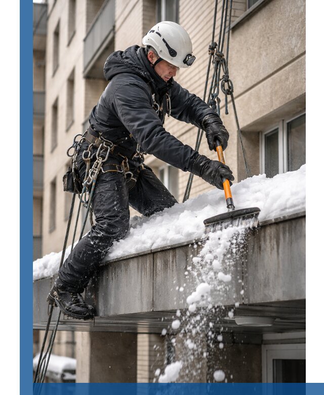 Очистка козырьков от снега в Пскове круглогодично безопасно