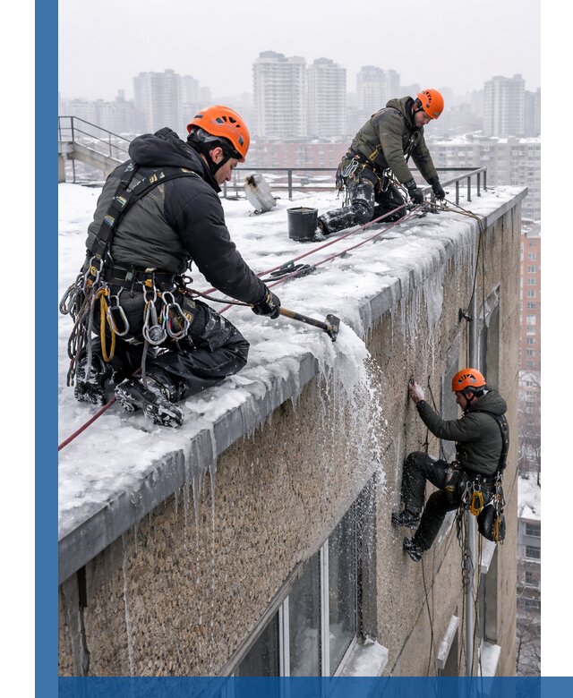 Удаление наледи с кровли в Пскове промышленными альпинистами