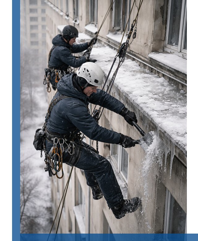 Удаление наледи и сосулек с карнизов в Пскове профессионально