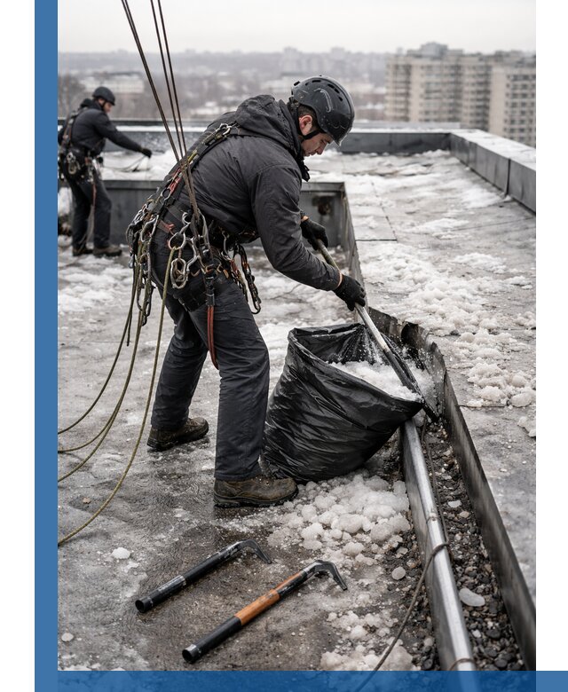 Аварийная очистка кровли в Пскове от промальпинистов