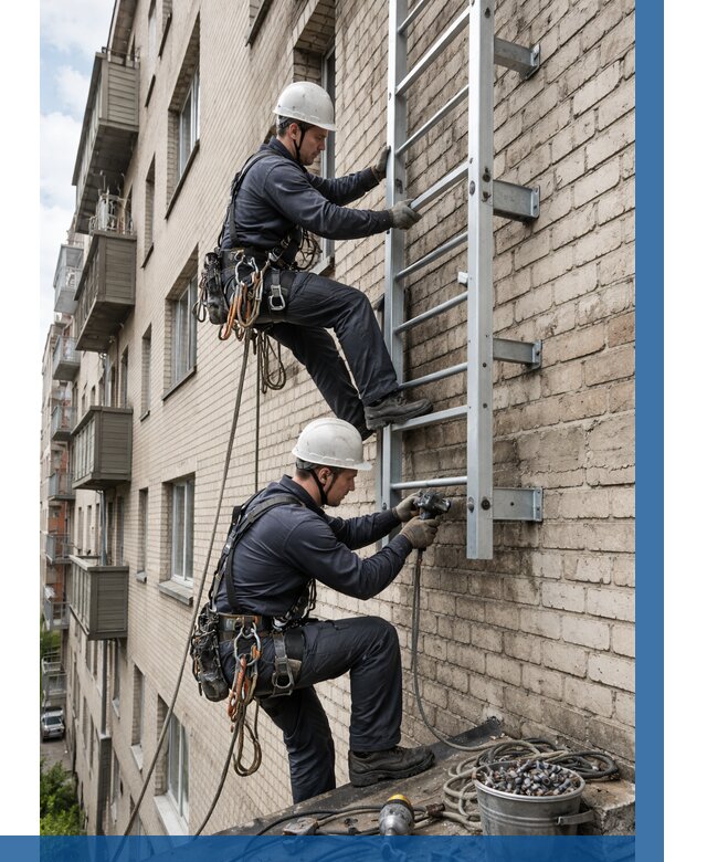 Монтаж пожарной лестницы в Пскове от 25375 р заказать у ВЫСОТНИК-Пск