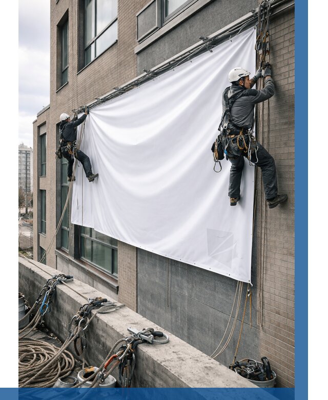 Монтаж баннеров на фасаде в Пскове от 660 р. заказать ВЫСОТНИК-Пск