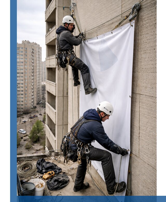 Профессиональный монтаж баннеров на фасаде в Пскове