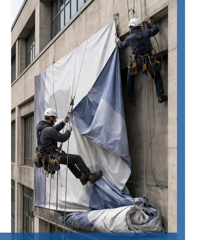 Демонтаж баннеров с фасада в Пскове от 4568 р. | ВЫСОТНИК-Пск