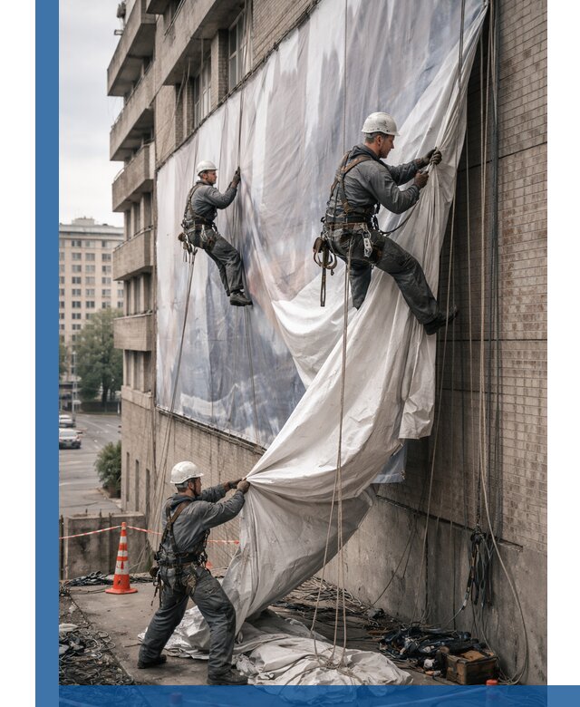 Демонтаж баннеров с фасада в Пскове оперативно и безопасно