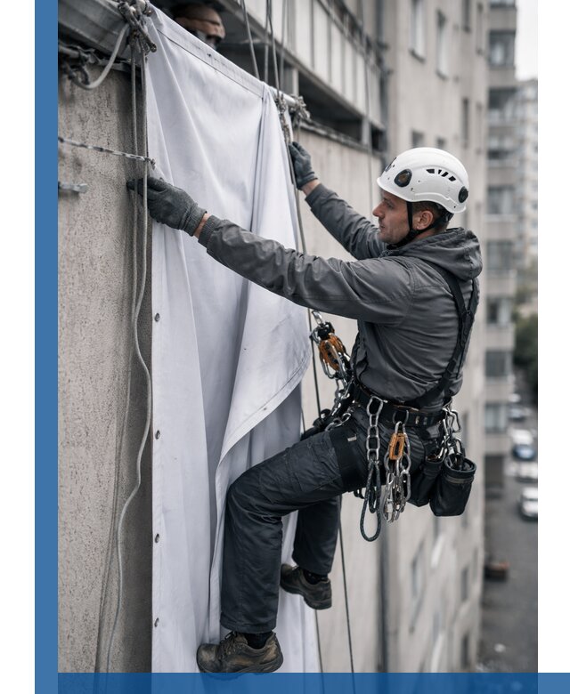 Замена баннерного полотна промышленными альпинистами в Пскове