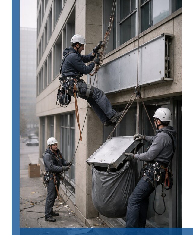 Демонтаж рекламной вывески с высотными работами в Пскове