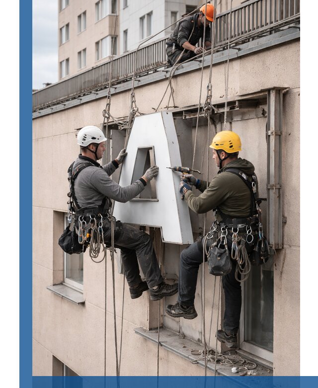Ремонт и восстановление наружных вывесок на высоте в Пскове