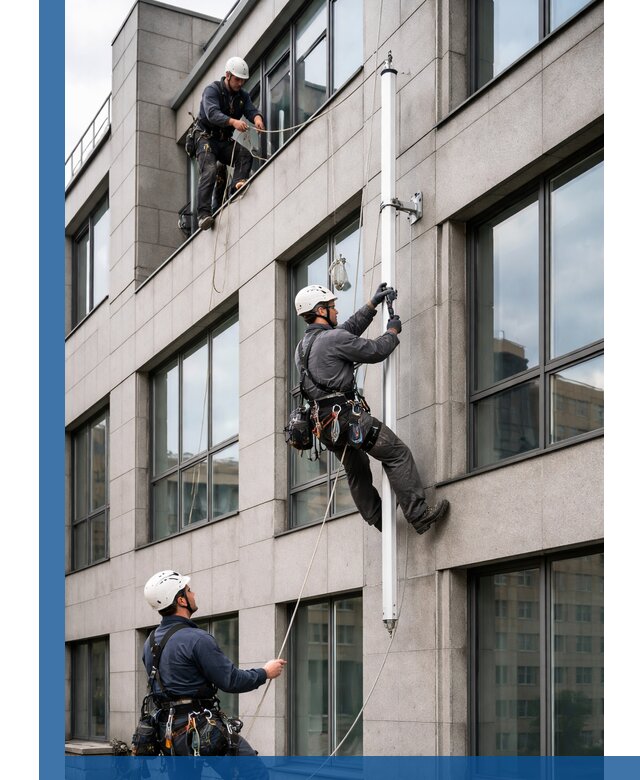Монтаж флагштока на фасаде здания с креплением и герметикой в Пскове