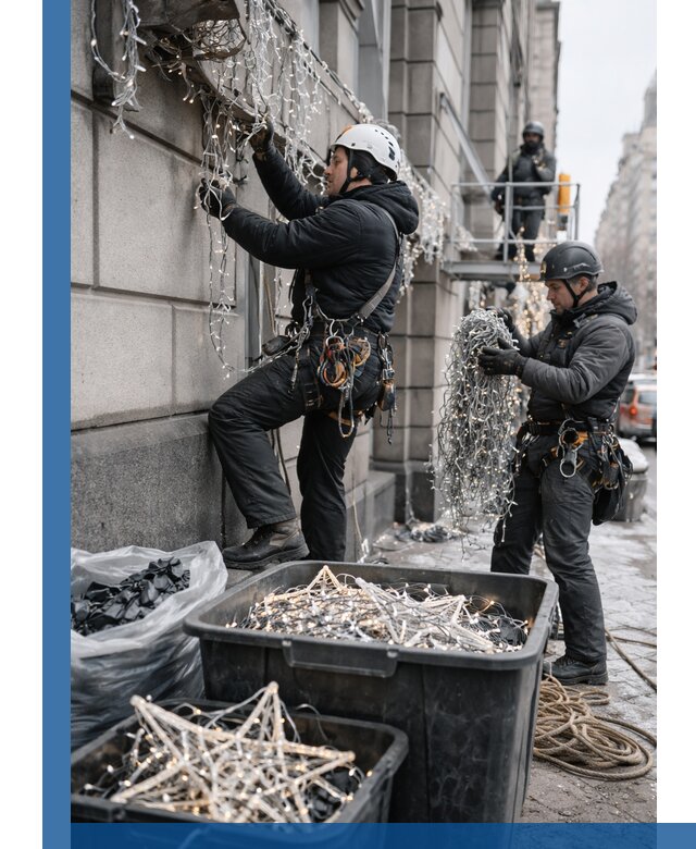 Демонтаж новогоднего оформления и гирлянд в Пскове