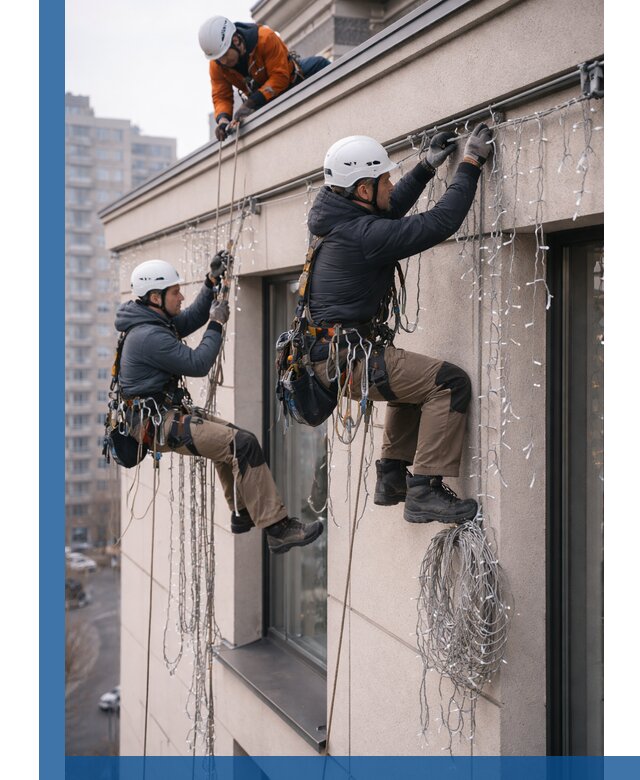 Монтаж праздничных гирлянд на фасаде в Пскове для зданий