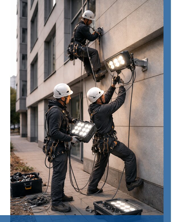 Монтаж прожекторов на фасаде в Пскове от 7613 р. | ВЫСОТНИК-Пск