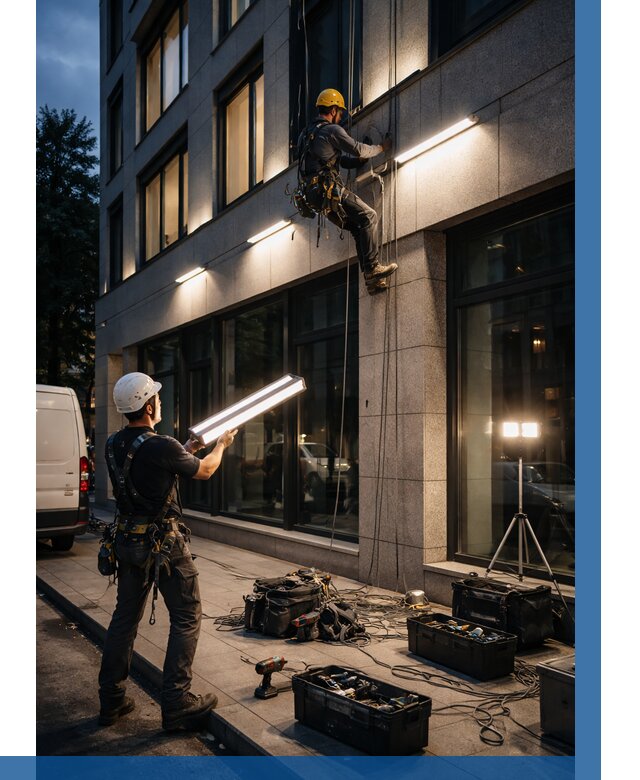 Монтаж архитектурной подсветки здания в Пскове от 2538 р.|ВЫСОТНИК-Пск