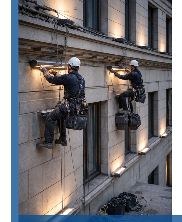 Монтаж архитектурной подсветки фасадов зданий в Пскове