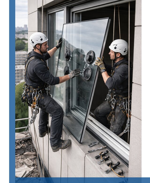 Замена стеклопакетов на высоте с промышленными альпинистами в Пскове