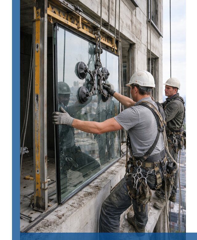Монтаж стеклопакетов на высоте в Пскове с промышленным альпинизмом