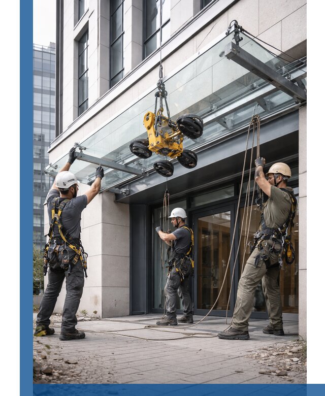 Монтаж стеклянных козырьков под ключ в Пскове для зданий