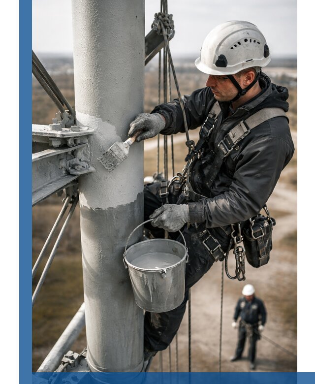 Покраска мачт связи в Пскове промышленными альпинистами