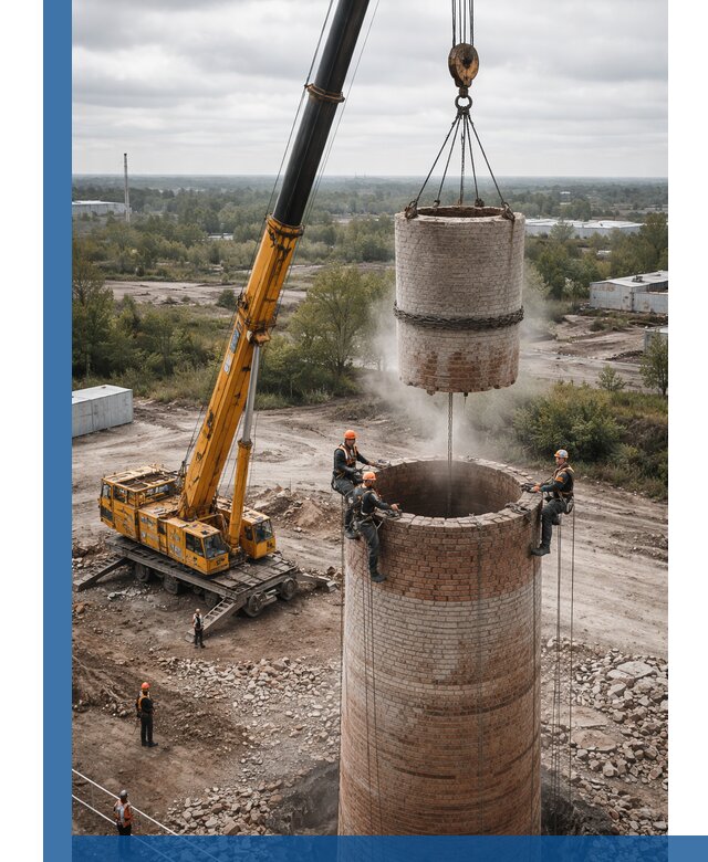 Демонтаж дымовой трубы в Пскове с гарантиями безопасности