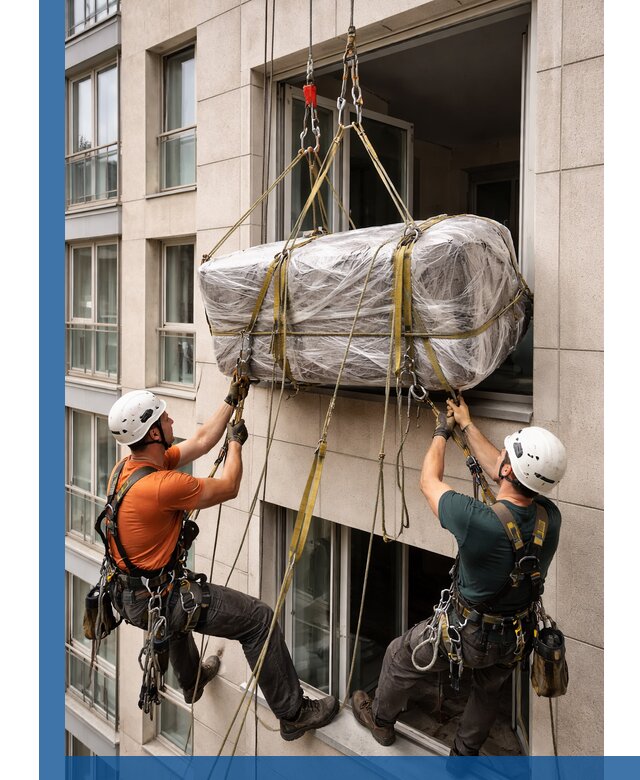 Подъем грузов через окно в Пскове промышленными альпинистами