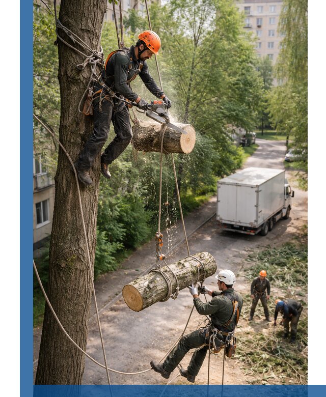 Спил деревьев альпинистами в Пскове, безопасно и без повреждений