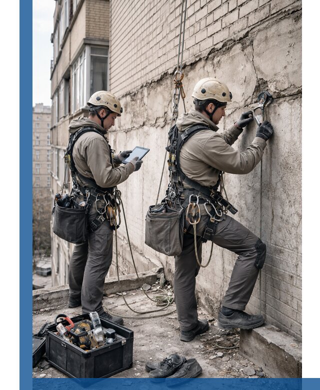 Обследование фасада промышленными альпинистами в Пскове