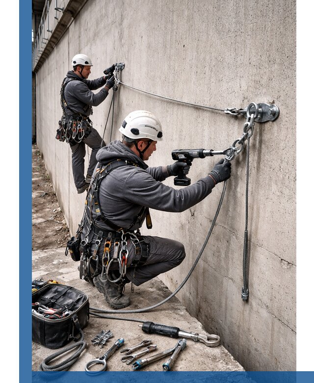 Монтаж анкерных линий высотной безопасности в Пскове